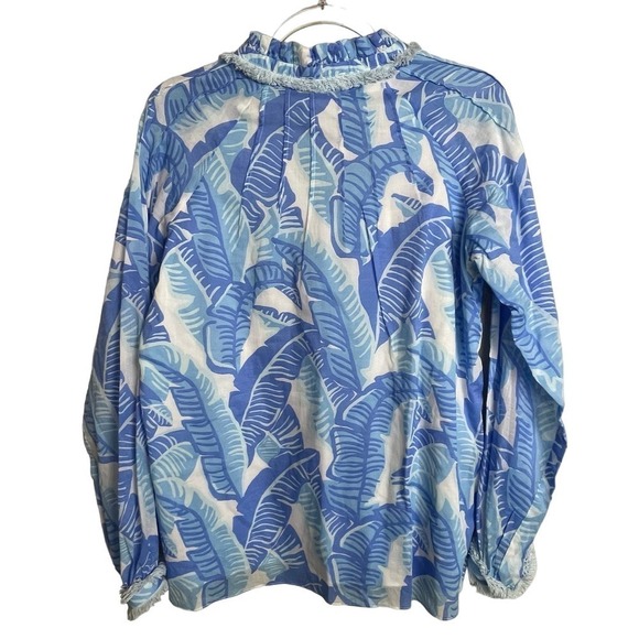 NWT STS Sail to Sable Palm Print Blue White Long Sleeve Top Sz S Tassel Neck Tie - Picture 8 of 9